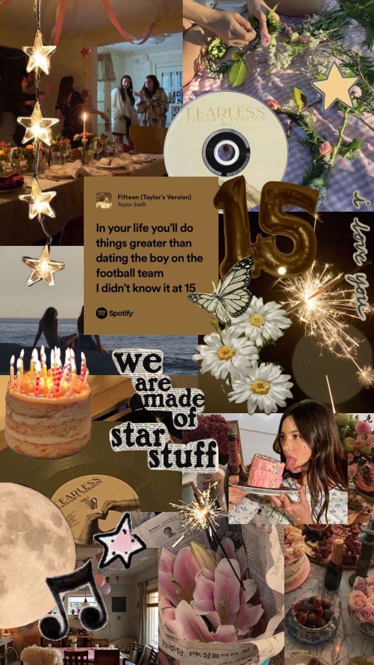 a collage of photos with words and pictures on them that include stars, flowers, cake, candles, and other items