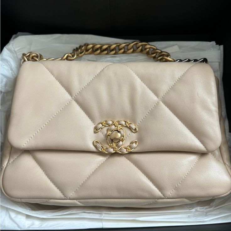 Excellent Condition. Comes With Dustbag And Original Box. Poshmark Authentication Included. Price Is Firm 10.1” W X 6.2” H X 3.5” D Open To All Reasonable Offers Chanel 19, Chanel Bags, Beige Color, Original Box, Dust Bag, Bag Lady, Chanel, Shoulder Bag, Cream