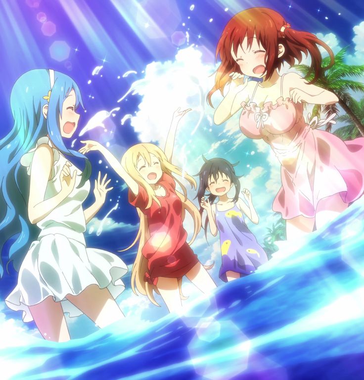 three girls in bathing suits are standing in the water with their arms around each other