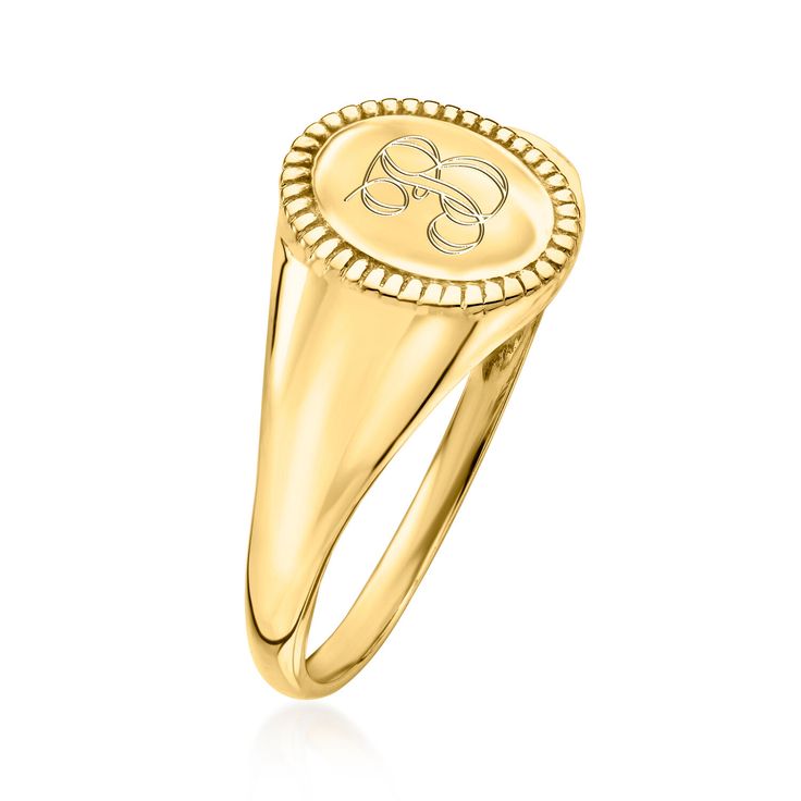 Ross-Simons - Plain - Italian 14kt Yellow Gold Signet Ring Size 7. Our signet ring from Italy is a true classic, gleaming in 14kt yellow gold. Perfect for gifting or self-gifting, it's a timeless style that is sure to please. 3/8" wide. 14kt yellow gold signet ring. Classic Yellow Gold Engraved Ring For Anniversary, Classic Yellow Gold Engraved Round Ring, Classic Yellow Gold Engraved Anniversary Ring, Classic Gold Signet Ring With Hallmarks, Classic Gold Signet Ring, Timeless Yellow Gold Signet Ring With Hallmarks, Classic Yellow Gold Engraved Ring With Hallmarks, Timeless Yellow Gold Signet Ring, Classic Gold Engraved Ring With Polished Finish