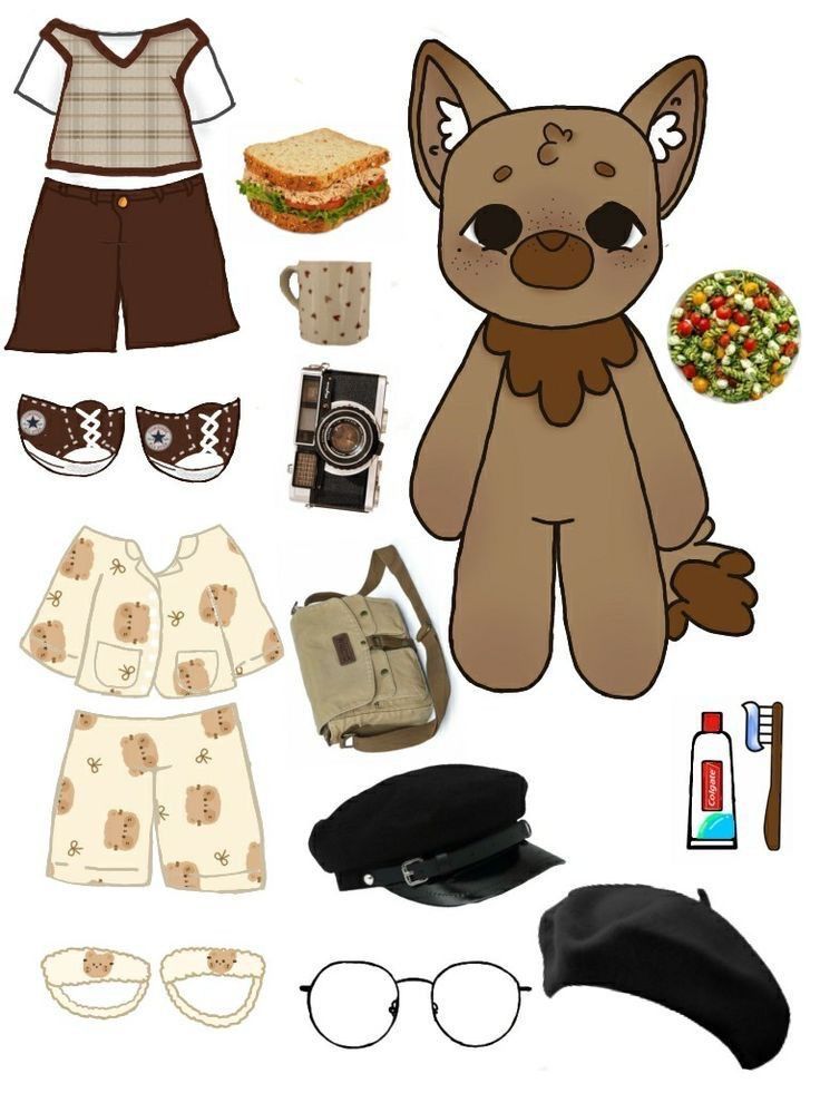 the paper doll is set up to make it look like a bear with glasses and other items