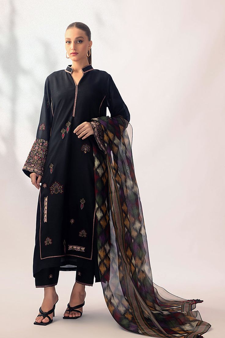 Agnes – Sania Maskatiya International Black Cotton Silk Kurta With Resham Embroidery, Elegant Churidar With Sheer Dupatta In Tussar Silk, Elegant Tussar Silk Churidar With Sheer Dupatta, Black Cotton Silk Kurta For Festive Occasions, Festive Black Cotton Silk Kurta, Unstitched Tussar Silk Suit With Dabka, Black Cotton Silk Fitted Kurta, Black Cotton Silk Kurta For Eid, Black Fitted Cotton Silk Kurta