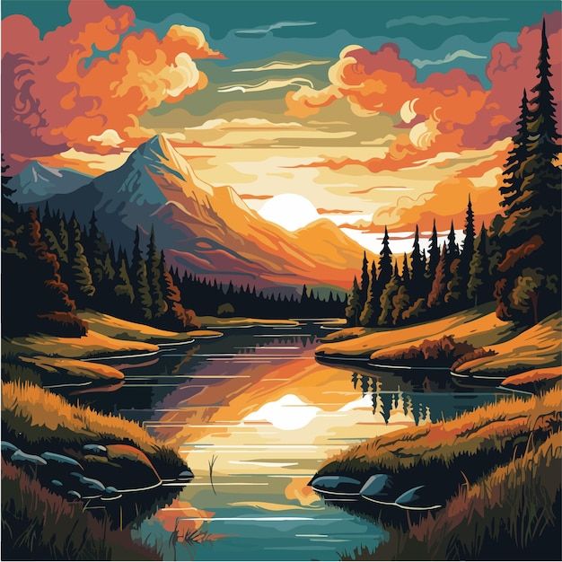 a painting of a mountain lake at sunset