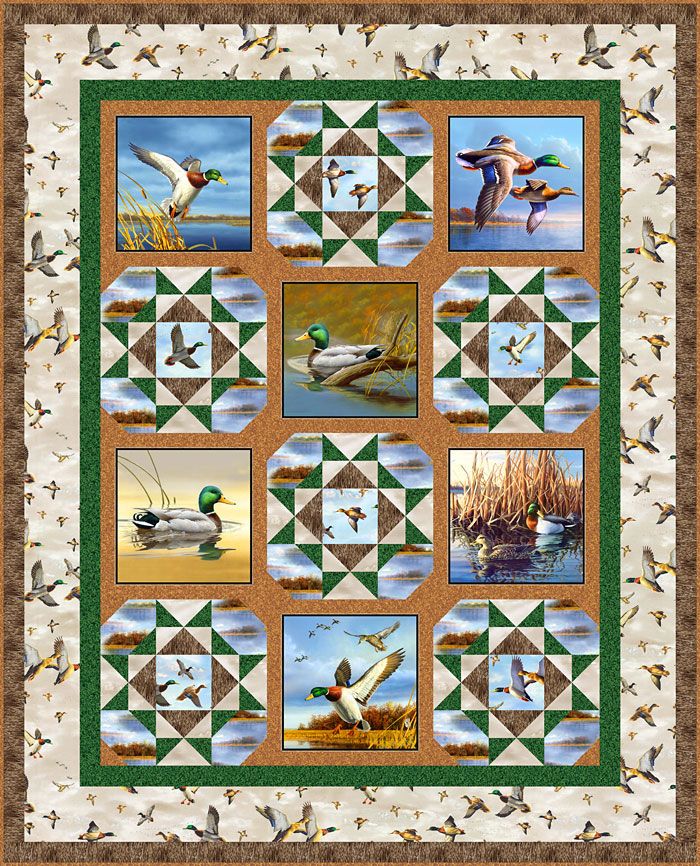 a quilt with pictures of birds and geese on the front, along with an image of waterfowls