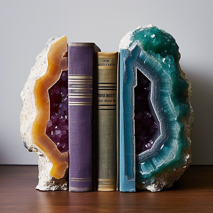 a bookend made out of two books sitting on top of a wooden table