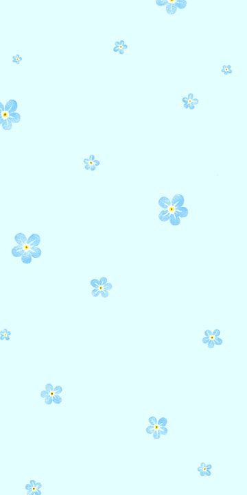 blue flowers on a light blue background with yellow centers in the center and bottom corner