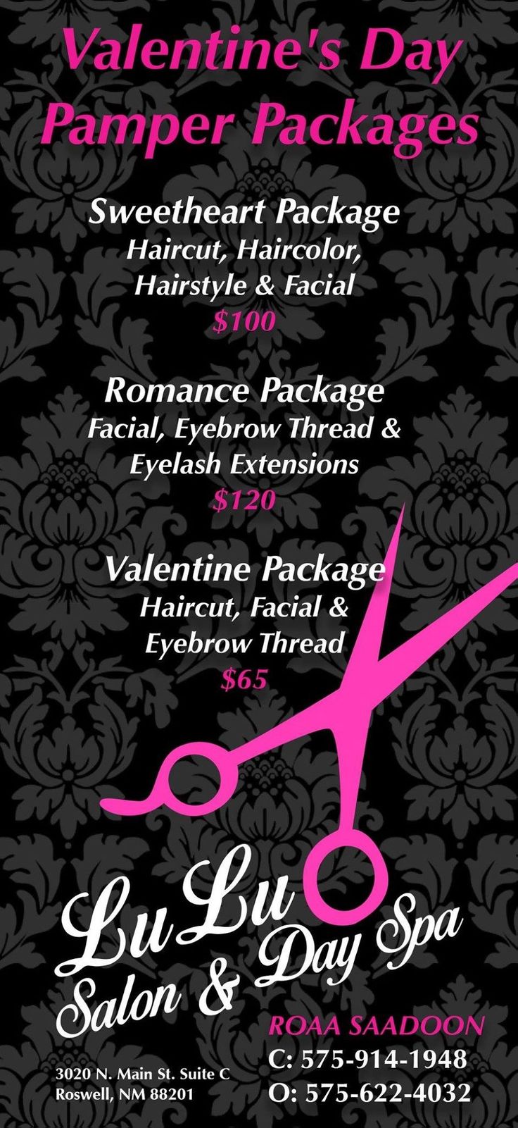 valentine's day pamper packages flyer with scissors on black and pink damask