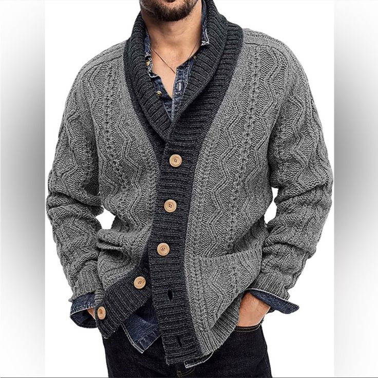 - New Mens Shawl Collar Cable Knit Cardigan Sweater Gray Arrives New Gray Sweater With Pockets For Layering, Gray Layering Sweater With Pockets, Gray Sweater Coat For Fall, Gray Sweater With Pockets For Cold Weather, Gray Cable Knit Long Sleeve Outerwear, Casual Gray Cable Knit Outerwear, Gray Knitted Cardigan For Cold Weather, Classic Gray Long-sleeved Sweater Coat, Classic Gray Long Sleeve Sweater Coat