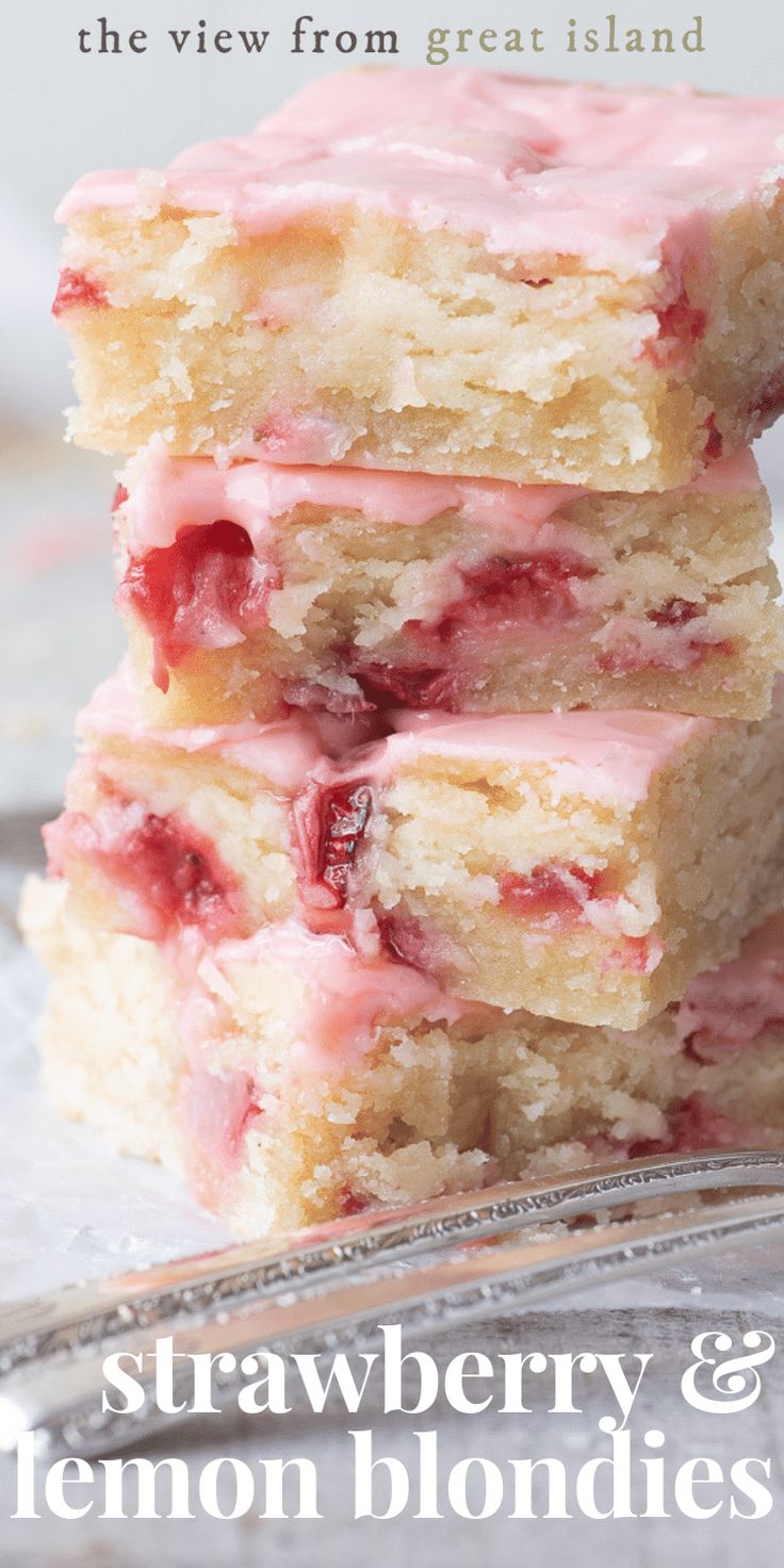 strawberry and lemon blondies are stacked on top of each other