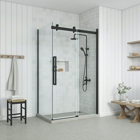 Now it's no wonder that her name means beauty! Introducing the Bel 32-inch semi-frameless glass shower side panel by OVE Decors. Its strong tempered glass panel is a stunner in any bathroom. A perfect pairing for a corner shower installation of the Bel Soft-Close sliding shower door collection, available in 48-in and 60-in sizes. Size: 32".  Color: Black. Black Trim Shower Door, Bathroom Shower Doors Ideas, Glass Shower Door Ideas, Shower Door Ideas, Frosted Glass Shower Door, Colonial Bathroom, Black Shower Doors, Bathroom Shower Doors, Shower Installation