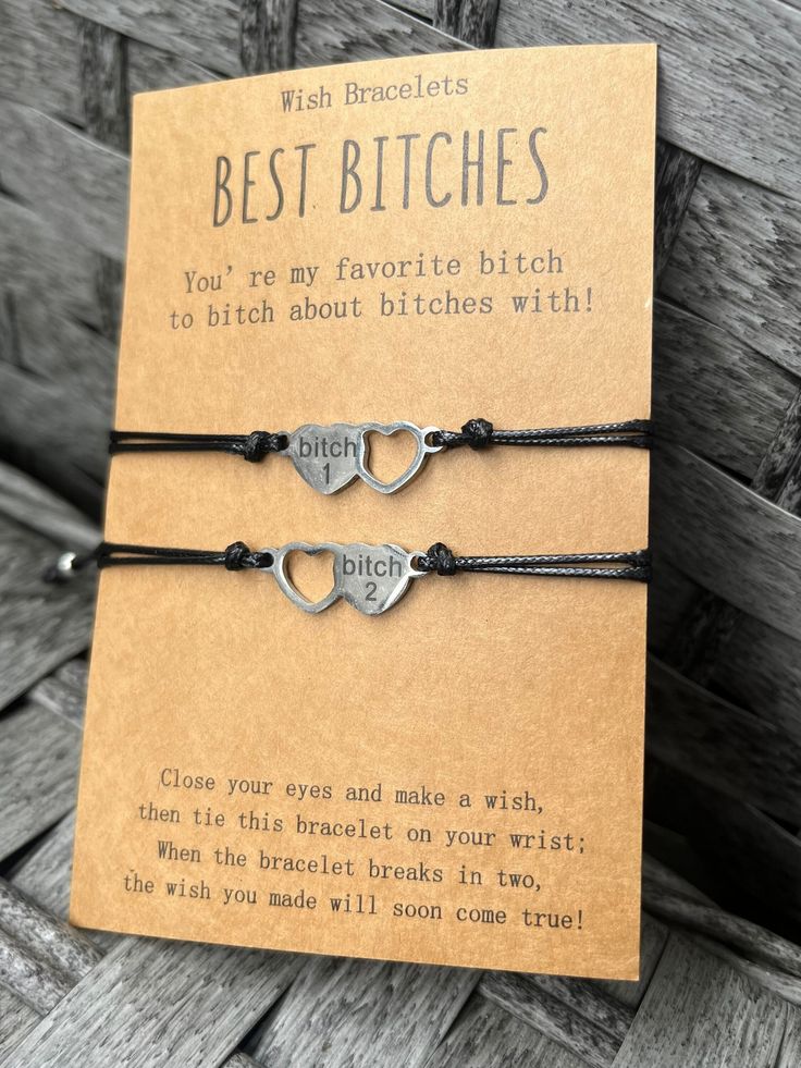 Our friendship bracelet set takes a whole new spin on friendship!  Perfect as a gift for you to share with your besties :) A special way for you to think of each other- even when you are apart. 💕 Material - Made of High-Quality Nylon Black Cord and heart charms 💕 Adjustable Size - The length is 4"-9", you can adjust the size through a sliding knot to fit even the largest or smallest of wrists Beautiful and adjustable, perfect for bitching about bitches! Personalized Heart Bracelet For Best Friend Gift, Adjustable Heart Bracelet For Couples Gift, Personalized Novelty Bracelets For Best Friend, Novelty Personalized Friendship Bracelets, Novelty Personalized Bracelets For Best Friend, Heart-shaped Friendship Bracelets For Mother's Day, Novelty Bracelets For Valentine's Day Gift, Couples Heart Bracelet For Valentine's Day And Friendship, Adjustable Friendship Bracelet With Heart Charm For Best Friend