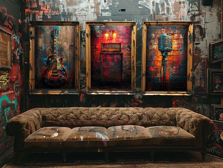 a living room with couches and paintings on the wall