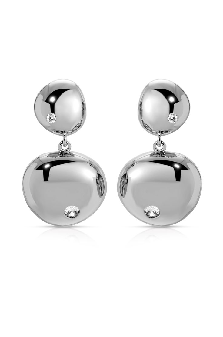 Polished Double Pebble Drop Earrings in rhodium Classic Silver Plated Earrings, Polished White Gold Earrings, White Gold Earrings With Polished Finish, Formal Metal Earrings With Shiny Finish, White Gold Polished Earrings, Metal Drop Jewelry With Shiny Finish, Sterling Silver Plated Round Earrings, Silver Plated Drop Jewelry, Silver Drop Jewelry With Plating