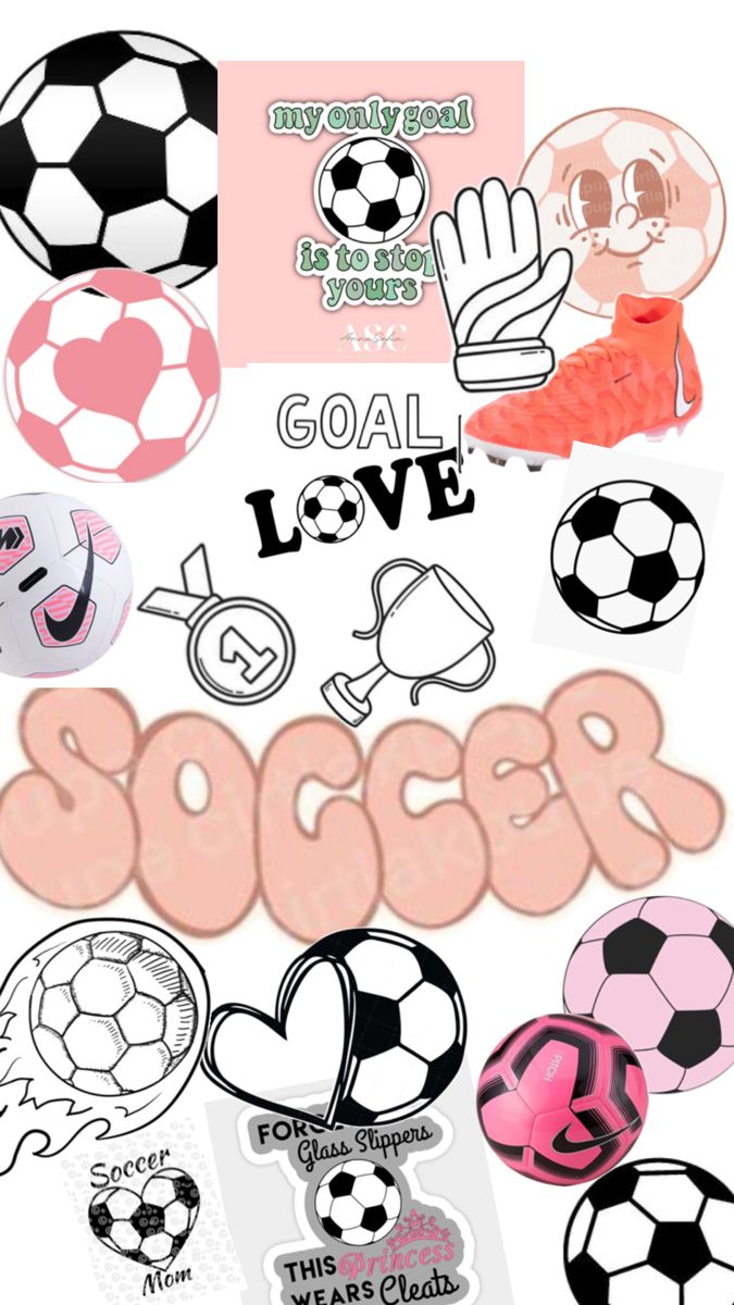 the words soccer are written in pink and black on a white background with lots of different sports related items