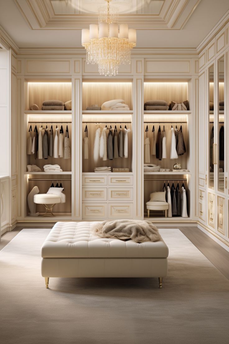 an elegant walk in closet with white furniture and chandelier hanging from the ceiling