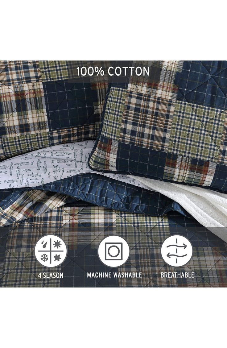 an image of a bed with blue and green plaid sheets on it, the text is 100 % cotton