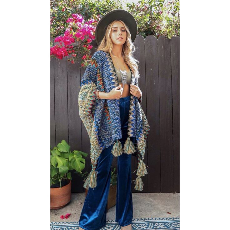 Boho Cobalt Blue Multicolor Tassel Poncho Ruana, 100% Acrylic, Bundle 2 Or More Items For 15% Off!! Ships In 7-8 Days One Size Tasseled Shawl For The Beach, Beach Shawl With Tassels One Size, Beach Shawl With Tassels, Hippie Poncho With Tassels One Size, Hippie Tassel Poncho One Size, Hippie Poncho With Tassels, Bohemian Spring Poncho With Tassels, Blue Bohemian Shawl For Summer, Fringe Poncho For Vacation