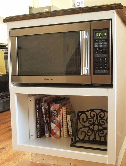 a microwave oven sitting on top of a shelf filled with books and other items next to a clock