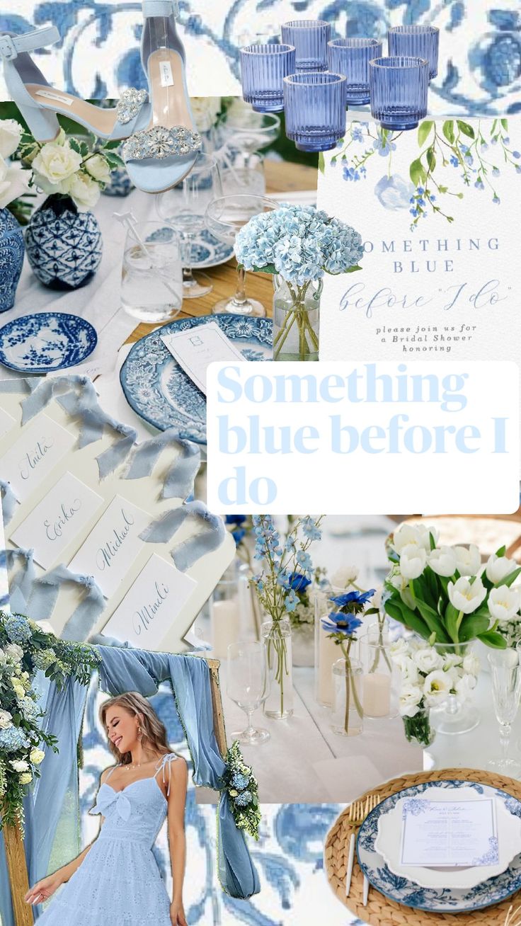 a collage of blue and white dishes, napkins, vases and flowers