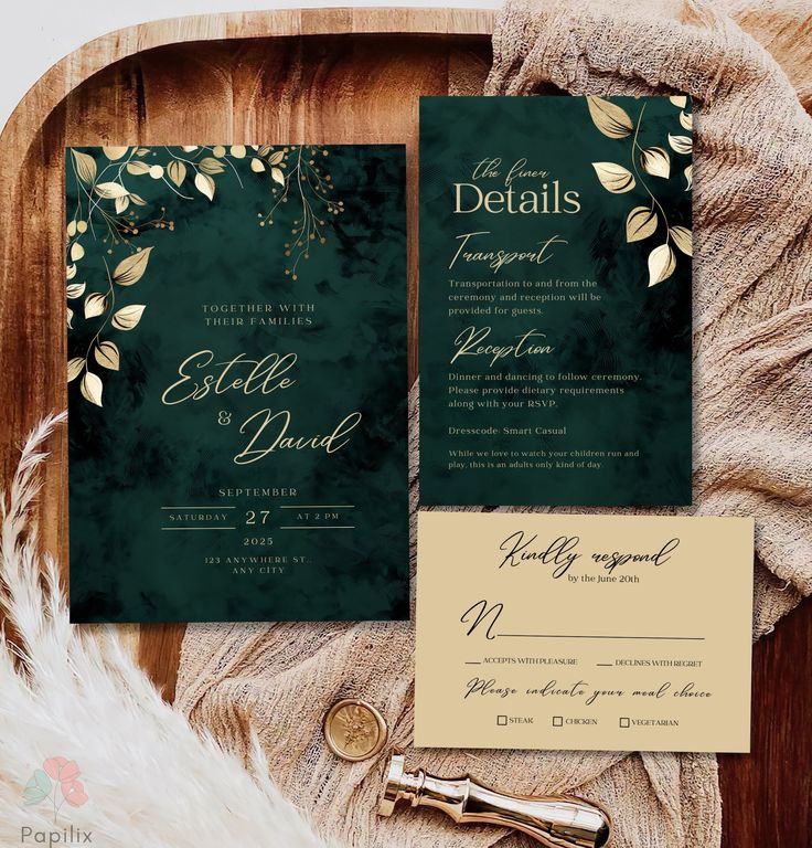 wedding stationery with green and gold leaves