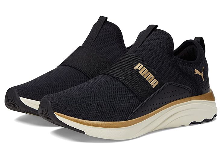 PUMA Softride Sophia Slip-On - Women's Shoes : Puma Black/Puma Gold/Warm White : Run freely wearing the PUMA Softride Sophia Slip-On sneakers. Textile and synthetic upper. Textile lining and insole. Slip-on design. Round toe. Pull tab on lace and heel counter. PUMA logo and perforated detail on upper. Synthetic outsole. Imported. Measurements: Weight: 8 oz Product measurements were taken using size 8.5, width B - Medium. Please note that measurements may vary by size. Weight of footwear is based Functional Slip-on Sneakers For Running, Athleisure Running Shoes With Ortholite Insole, Athleisure Running Shoes With Ortholite Insole For Workout, Workout Running Shoes With Ortholite Insole, Functional Slip-on Workout Sneakers, Slip-on Athleisure Sports Running Shoes, Athleisure Slip-on Sneakers For Running, Functional Slip-on Running Shoes For Jogging, Cushioned Slip-on Sneakers For Errands