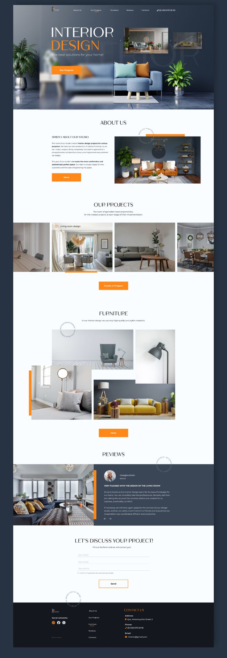 the interior design wordpress theme is shown in orange and gray colors, with an open concept