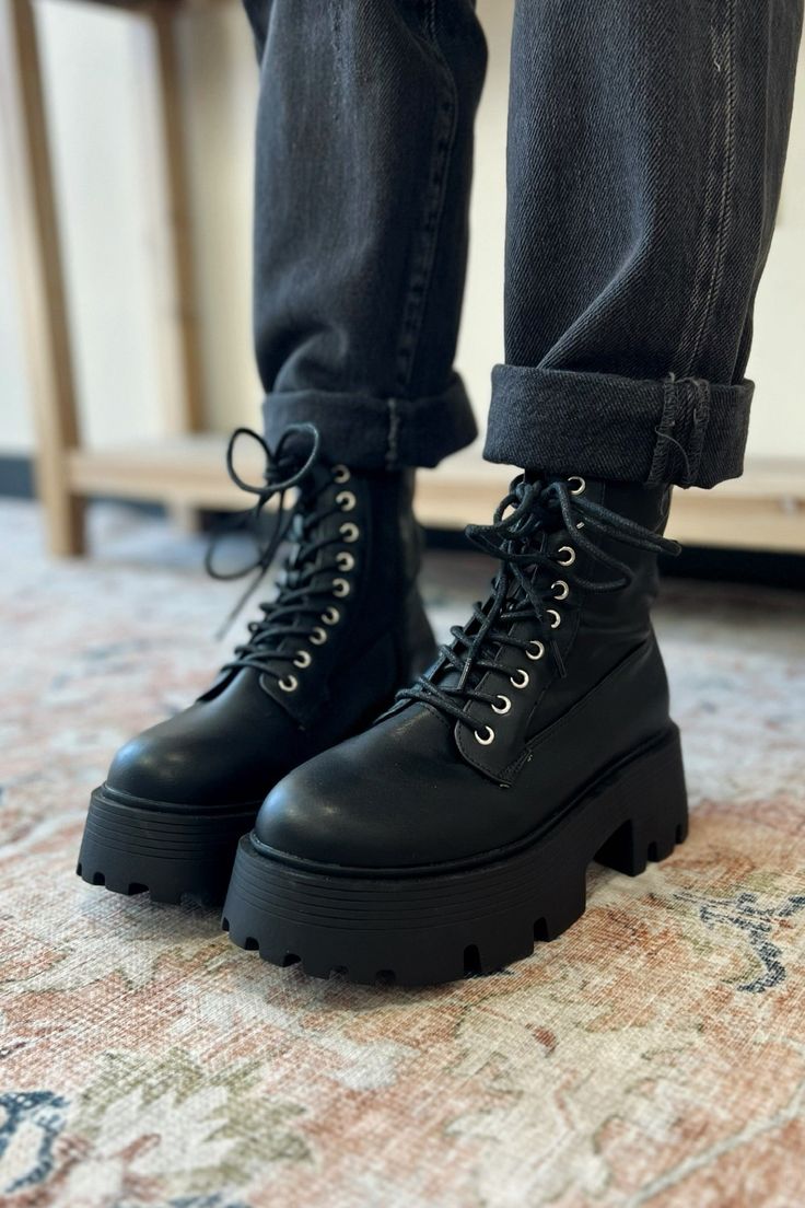 Description Chunky sole lace up combat platform boot. Materials & Care 100% man made materials Wipe as needed Quilted Long Jacket, Chunky Combat Boots, Cropped Half Zip, Embellished Shirt, Mock Neck Sweatshirt, Tiered Midi Skirt, Velvet Mini Skirt, Henley Sweater, Black Combat Boots