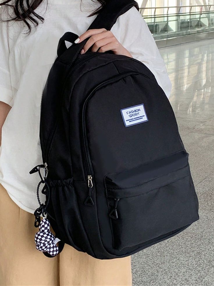 Black Casual,Preppy Collar  Polyamide Plain Classic Backpack Embellished   Women Bags Cute Black Backpack, Preppy School Bag, University Bag, Side Bags For Women, Black School Bags, Tas Laptop, Cute School Bags, Preppy Bags, Stylish School Bags