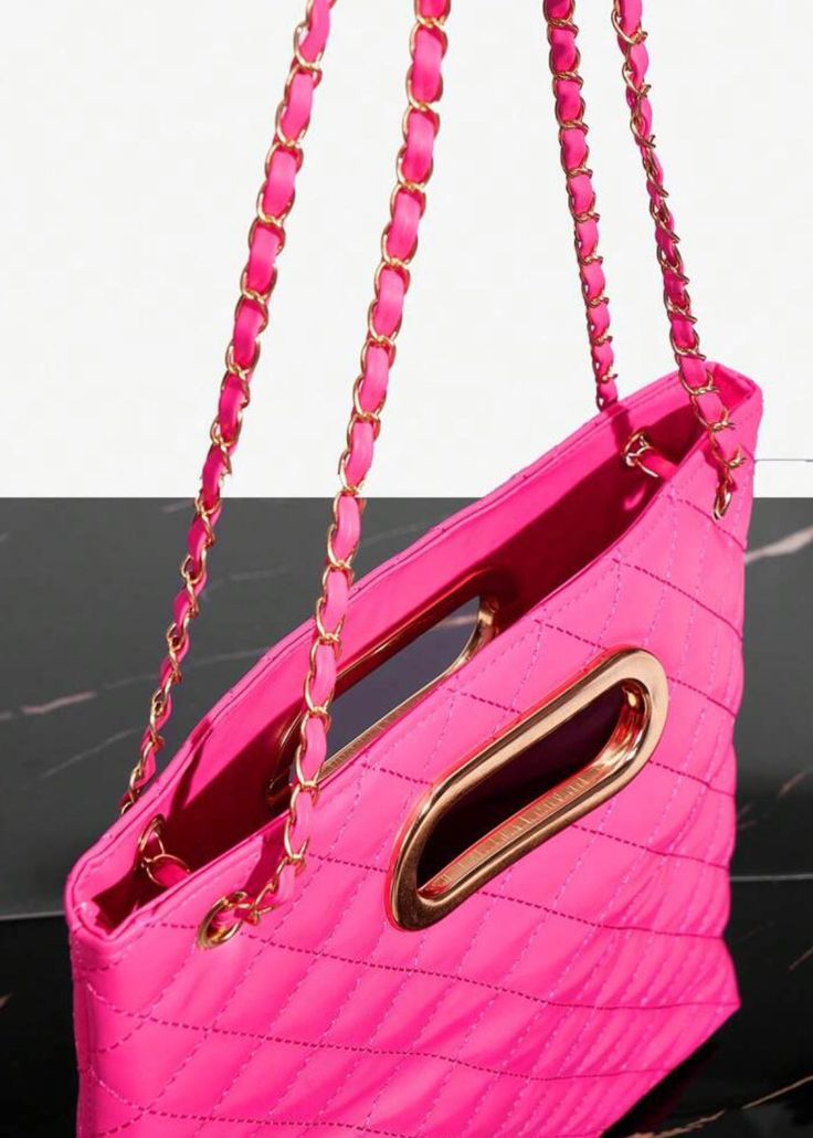 Expertly crafted with eco-friendly leather, this Rhombic Grid Convertible Bag seamlessly transforms from a functional shopper bag to a chic evening clutch. Its vibrant hot pink hue adds a pop of color to any outfit, while the chain-embellished shoulder strap provides a touch of glamour. Effortlessly switch between styles for any occasion. Material: Polyurethane Pink Rectangular Clutch With Chain Strap, Trendy Double Handle Evening Bag For Parties, Chic Bags With Chain Strap And Double Handle, Chain Strap Clutch Shoulder Bag For Shopping, Shopping Shoulder Clutch With Chain Strap, Modern Shoulder Bag With Chain Strap For Night Out, Trendy Shoulder Bag Clutch For Night Out, Top Handle Bag With Chain Strap For Night Out, Crossbody Clutch With Chain Strap For Shopping