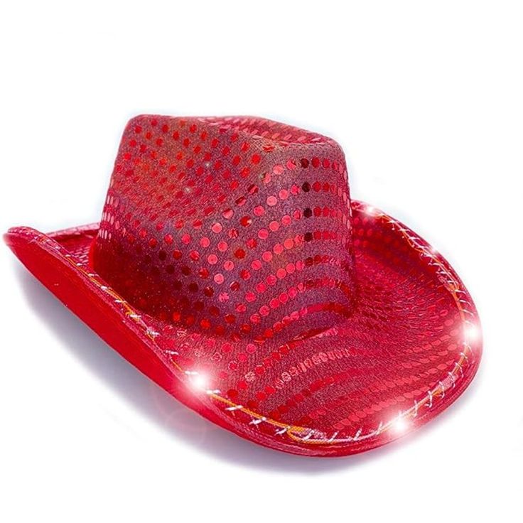 Red Sequin Light Up Led Flashing Cowboy Hat With Sequins White Leds, Cowgirl Red Party Hat, One Size Fits Most, Red Hat For Rodeo, One Size Fits Most, Red Rodeo Hat, One Size Fits Most, Red Fitted Hat For Rodeo, Fitted Red Hat For Rodeo, Fitted Red Rodeo Hat, Fun Red Wide Brim Hat, Red Cowgirl Hat, Blair White