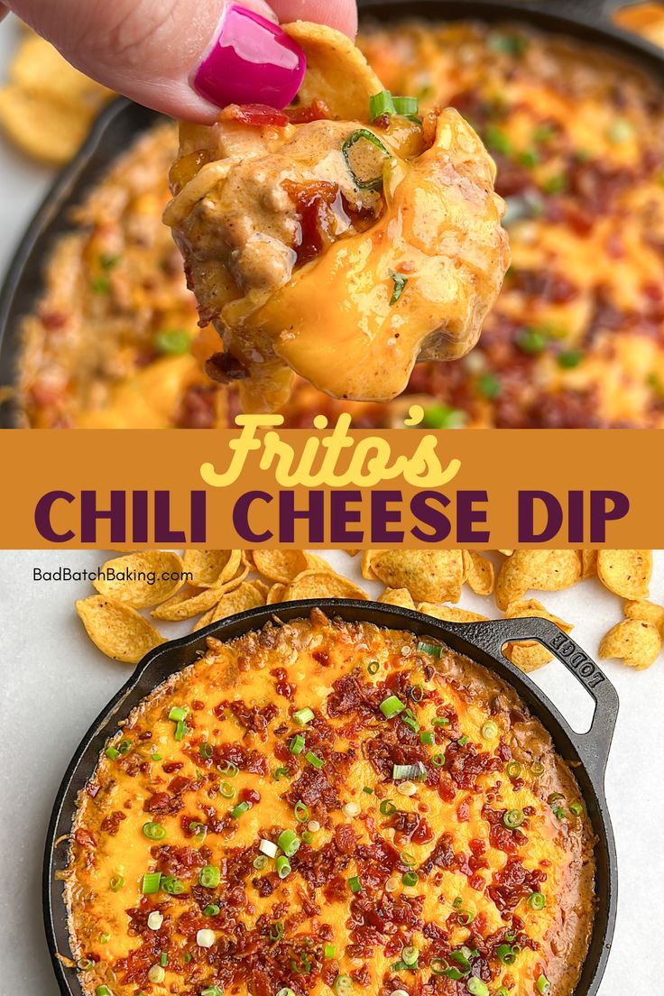 a hand holding up a tortilla chip with cheese dip in it and the title overlay reads, fritos chili cheese dip