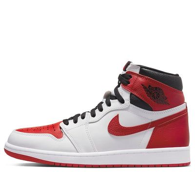 The Nike Air Jordan 1 Retro High OG 'Heritage' is a classic sneaker with a familiar color scheme that is rooted in the history of the Jordan franchise. The white leather upper features contrasting hits of University Red on the toe box, Swoosh, heel, and ankle flap. The latter is stamped with a retro Wings logo in black, matching the laces and high-cut padded collar. Nike Air branding decorates the woven tongue tag. The sneaker sits atop a rubber cupsole with encapsulated Air-sole cushioning in the heel. (AJ1/SNKR/Unisex/High Top/Basketball) Classic Jordan Shoes For Streetwear, Classic Leather Jordan Sports Shoes, Classic Jordan Shoes With Cushioned Footbed, Classic High-top Jordan Shoes, Classic Mid-top Basketball Shoes With Contrast Sole, Classic White Basketball Shoes, Classic Summit White Sneakers For Sports, Classic Jordan Sports Shoes With Round Toe, Classic Low-top Jordan Shoes