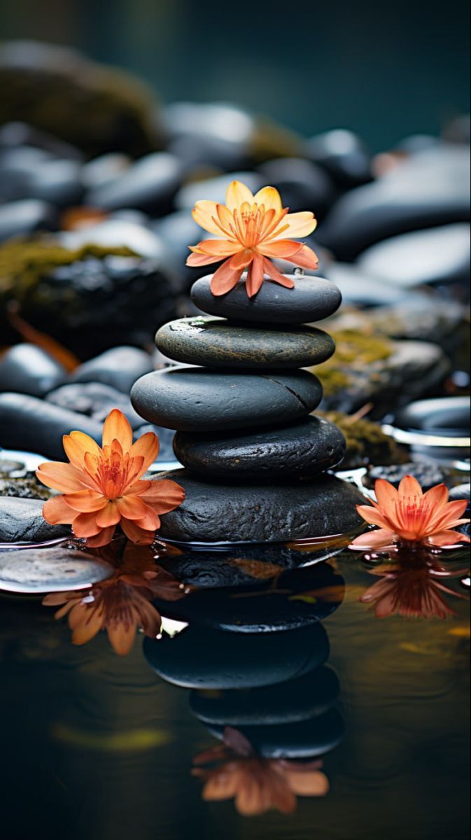 an orange flower sitting on top of rocks in the water with lily pads around it