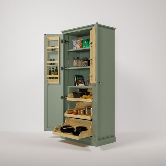 an open green cabinet with drawers and shelves