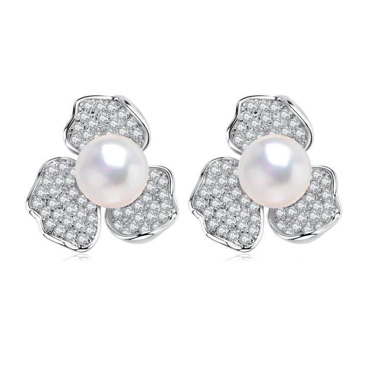 5-5.5mm Cubic Zirconia Floral Pearl Earrings - House Of Pearls Classic White Cubic Zirconia Flower Earrings, Classic Flower-shaped Pearl Earrings For Formal Occasions, Formal Pearl Flower Shaped Earrings, Formal Flower-shaped Pearl Earrings, Golden South Sea Pearls, Mabe Pearl, Purple Pearl, Pearl Types, Akoya Pearls