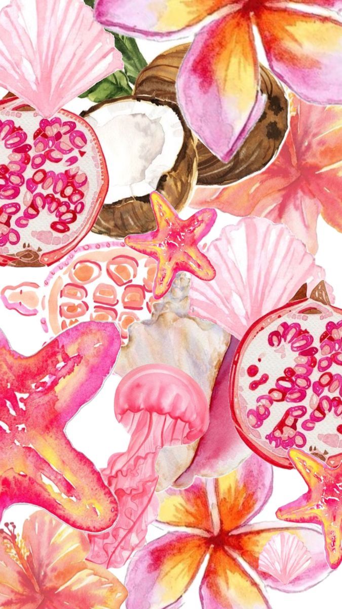 watercolor painting of flowers and shells on a white background with pink, yellow and orange colors