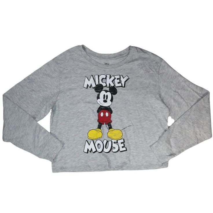 Disney Mickey Mouse Women's T-Shirt Size: Your Choice Of Available Sizes Color: Gray (Excluding Graphic) Material: 60% Cotton 40% Polyester Msrp: $29.00 Crew Neck Mickey Mouse Themed Weathered Style Graphic Print Front Long Sleeves Frayed Bottom Edge Great For Going Out, Parties, Bars/Clubs, Concerts & More Designer Brand Name Fashion For Women Brand New With Tags Office Use A052 Xl A110 S Disney Long Sleeve Top With Graphic Print, Cute Long Sleeve Tops For Disney Fan Events, Long Sleeve T-shirt With Character Print For Disney Events, Disney Long Sleeve T-shirt With Letter Print, Disney Long Sleeve Letter Print T-shirt, Cotton Graphic Tee For Disney Fan Events, Trendy Mickey Mouse Long Sleeve Top, Disney Cotton Top With Graphic Print, Disney Graphic Print Cotton Tops