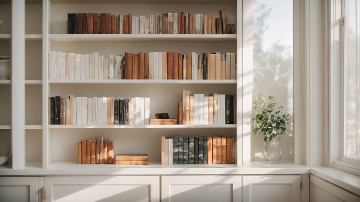 a bookshelf filled with lots of books next to a window