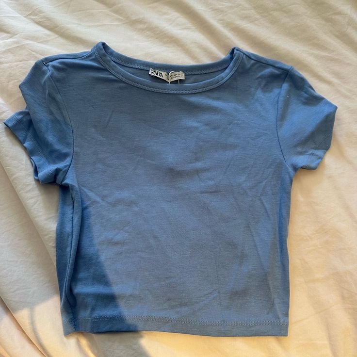 Never Worn. Tag Still On Cutest Zara Tops, Basic Blue Summer Tops, Basic Blue Tops For Spring, Basic Blue Tops For Summer, Trendy Blue Zara Tops, Trendy Washed Blue Zara Tops, Trendy Light Blue Zara Tops, Casual Blue Zara Tops, Blue Crop Top Outfit