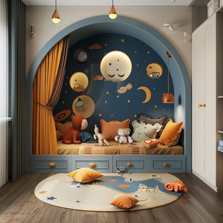 a child's room decorated in blue and orange with lots of stuffed animals on the floor