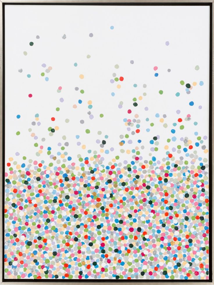 an abstract painting with multicolored dots on white paper, framed in black wood frame