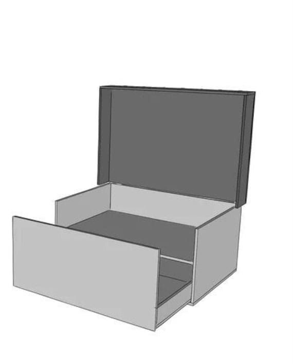 an open box sitting on top of a white floor next to a drawer with two drawers