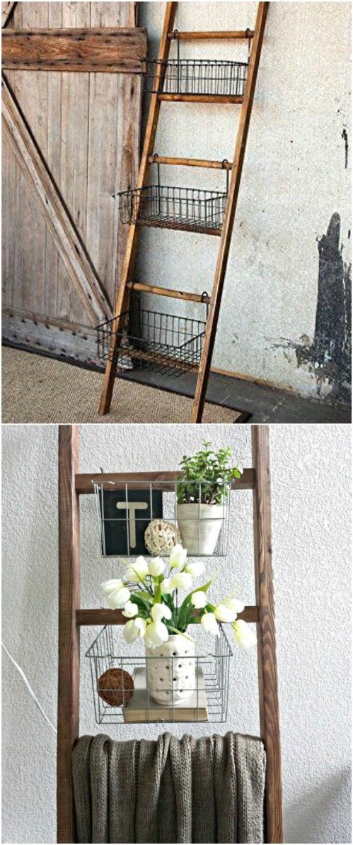 an old ladder is used as a shelf for flowers and other things to decorate with