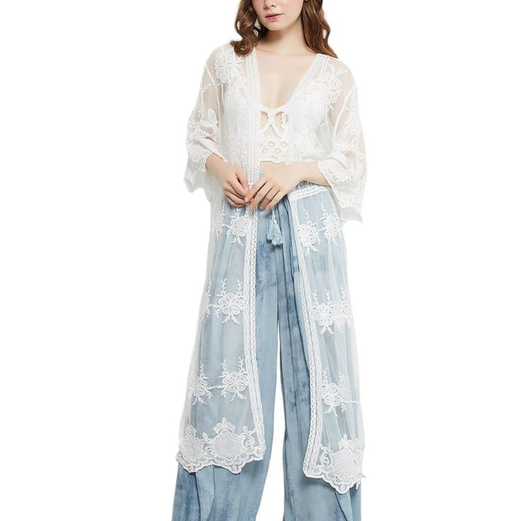 Elevate your wardrobe with the Long Floral Lace Embroidered Duster, a stunning sheer cardigan suitable for both dressy and casual occasions. From poolside lounging to brunch dates, this versatile duster adds a touch of elegance to any ensemble. Sheer Lace Cardigan, White Lace Cover-up For Spring, Elegant Floral Embroidered Lace For Summer, Elegant Summer Lace With Floral Embroidery, Fitted Lace Cover-up With Lace Trim, Summer Long Sleeve Lace Top With Floral Embroidery, Summer Floral Embroidered Long Sleeve Lace Top, White Sheer Cover-up For Spring, Bohemian Fitted Lace For Spring