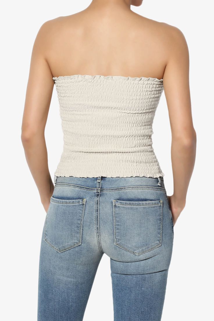 Strapless Smocked Crop Tube Top Scalloped Hem Stretch Bustier Bandeau – TheMogan Casual Non-stretch Strapless Tube Top, Casual Smocked Back Tube Top For Beach, Casual Non-stretch Summer Tube Top, Casual Bandeau Tube Top For Day Out, Casual Beach Tube Top With Smocked Back, Casual Strapless Tube Top For Day Out, Casual Non-stretch Tube Top For Summer, Summer Tube Top With Smocked Back For Vacation, Non-stretch Casual Tube Top For Summer