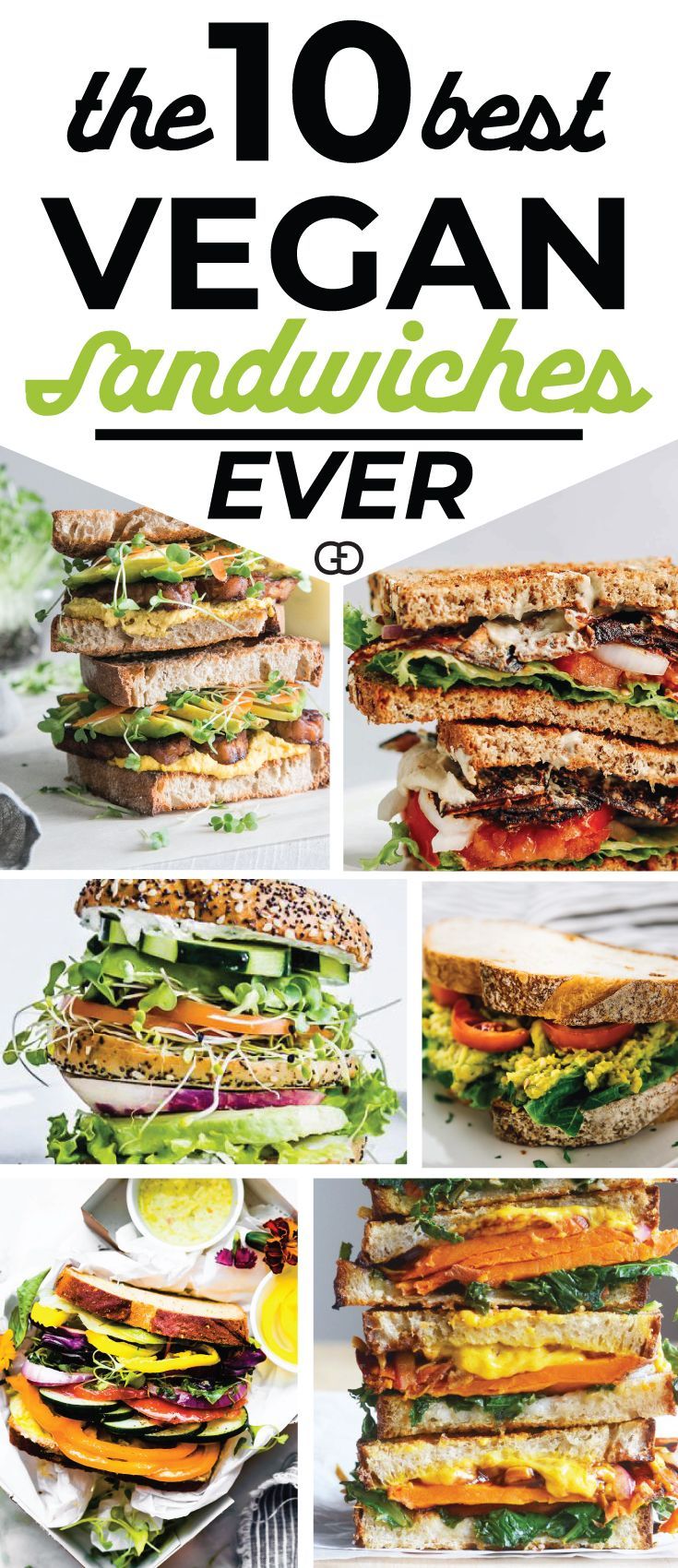 the 10 best vegan sandwiches ever are stacked high on each other and ready to be eaten