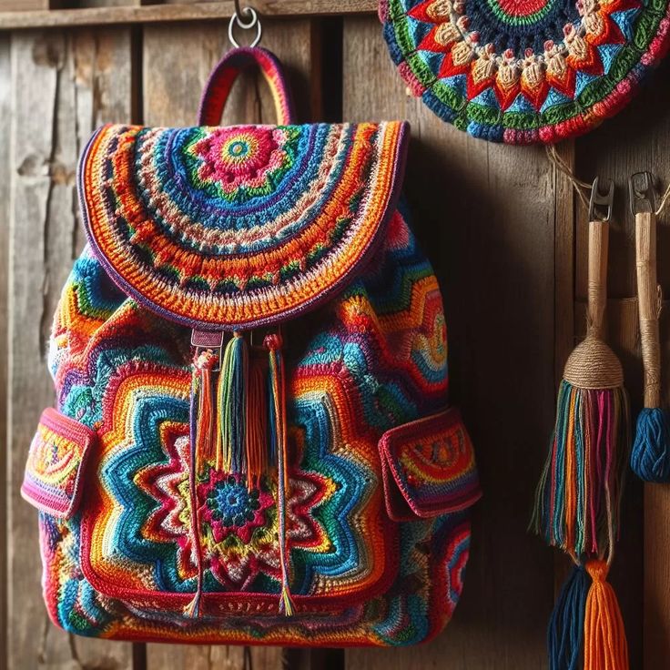 a crocheted backpack hanging on a wooden wall next to a tassell