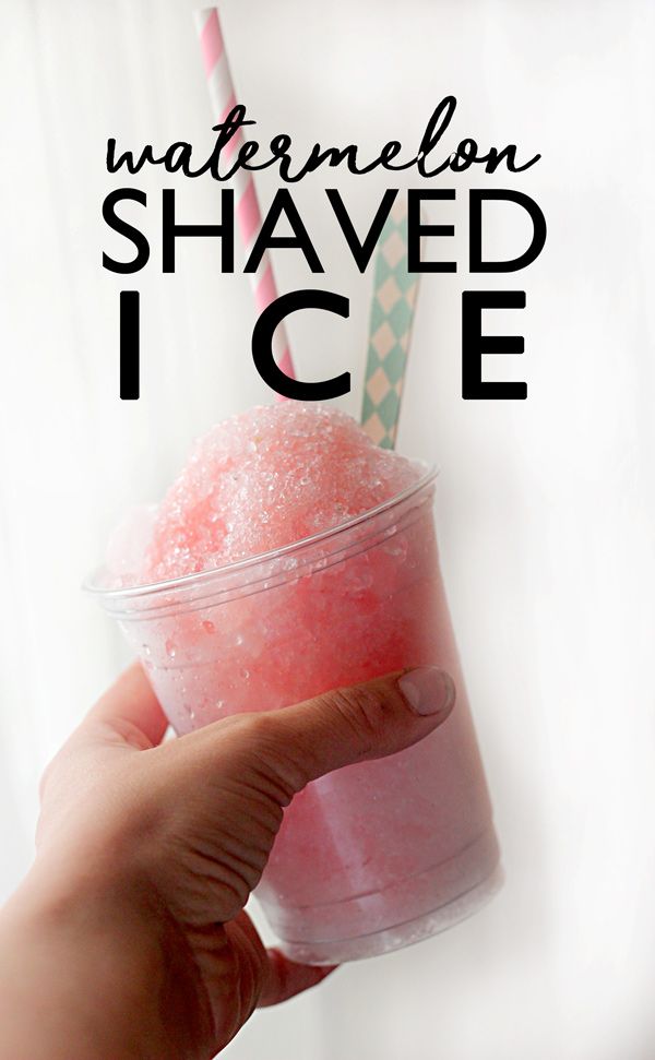 a hand holding a pink drink in a plastic cup with the words watermelon shaved ice