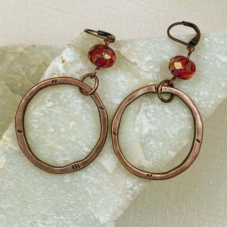 Statement Copper Hoop Earrings with Pink Beads - Large and Eye-Catching by JezaJewelry on Etsy Adjustable Metal Earrings With Faceted Beads, Metal Beaded Earrings With Faceted Beads For Gifts, Metal Earrings With Faceted Beads, Beaded Copper Hoop Earrings As Gift, Copper Jewellery, Pink Copper, Reno Nv, Earrings Beaded, Beaded Dangle Earrings