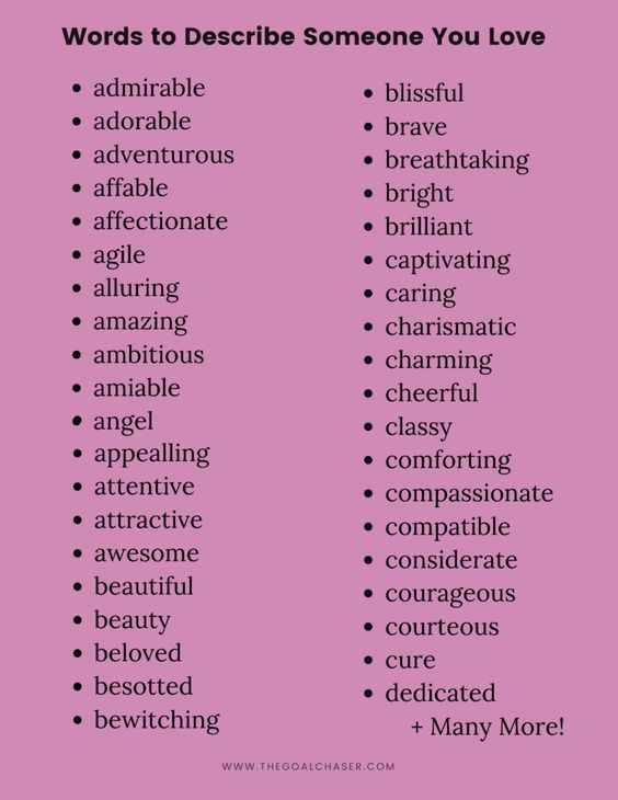 words to describe someone you love on pink background with black and white text that reads words to describe someone you love